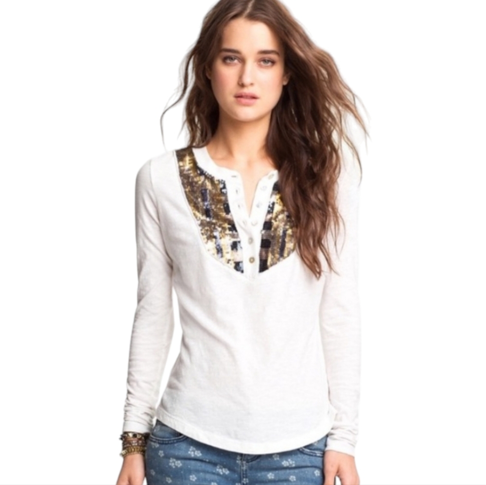NEW Free People Sequin Bib Long Sleeve Cream Henley Knit Top M